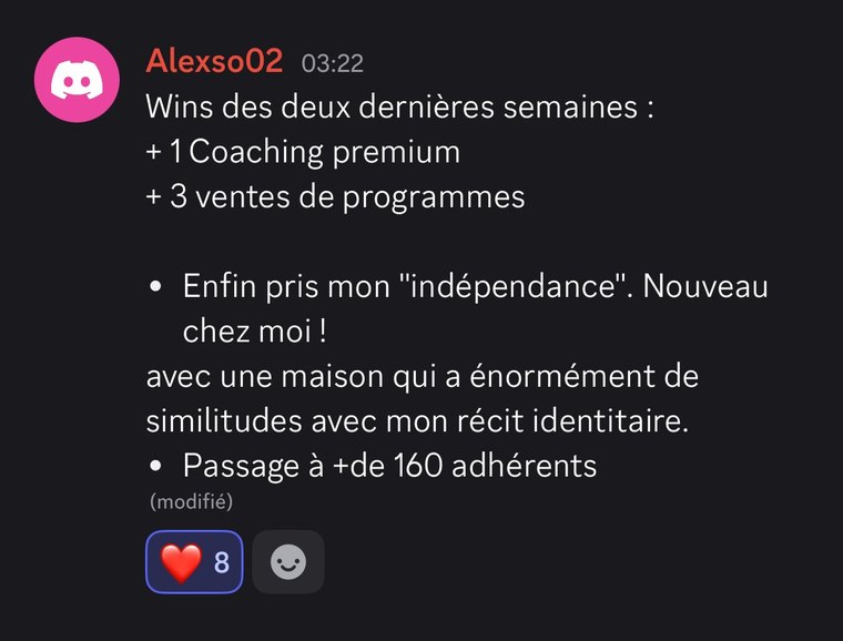 Message d'un membre : un coaching premium et trois ventes de programmes en deux semaines, et sa salle dépasse les 160 adhérents.