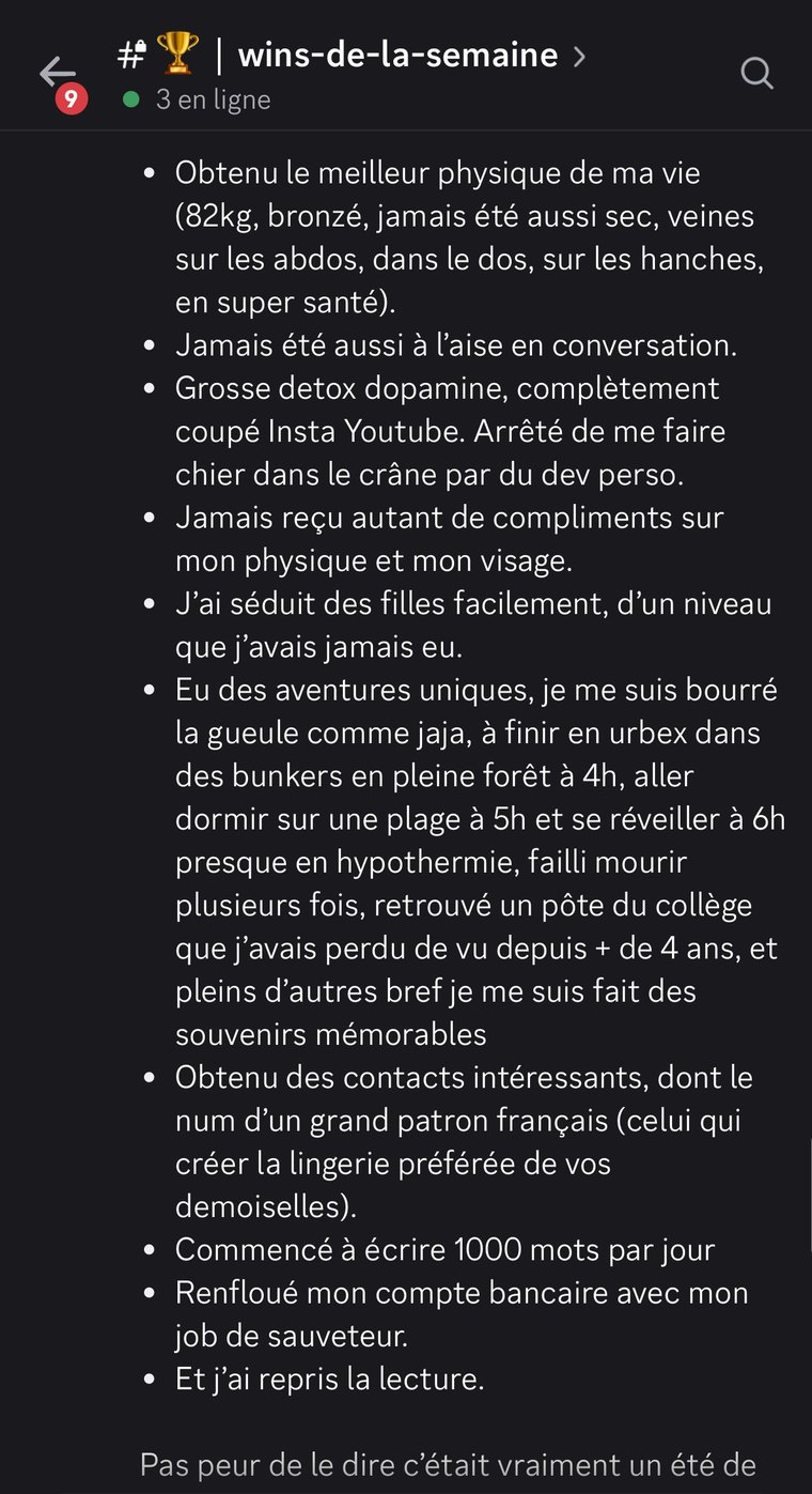 Message d'un membre : meilleur physique de sa vie à 82 kg, détox dopamine, nouveaux contacts et retour à la lecture.