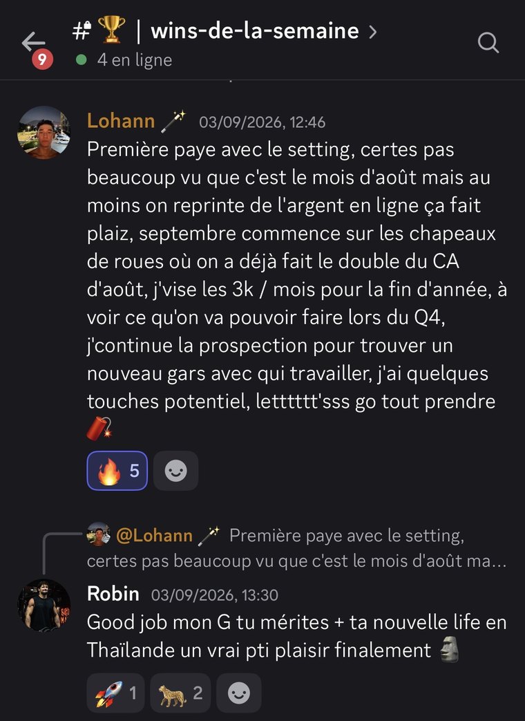 Message d'un membre : sa première paye en setting, et un mois de septembre qui double déjà le chiffre d'août.