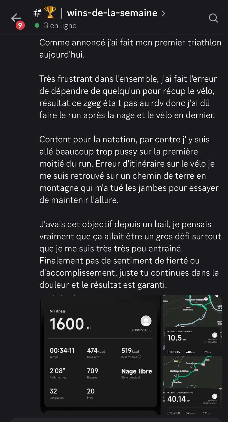 Message d'un membre : il boucle son premier triathlon malgré très peu d'entraînement.